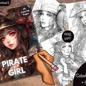 Grayscale Pirate Girl Coloring Book for Adults | 30 Printable Adult Coloring Pages | Downloadable Grayscale Illustration | Printable PDF |AI