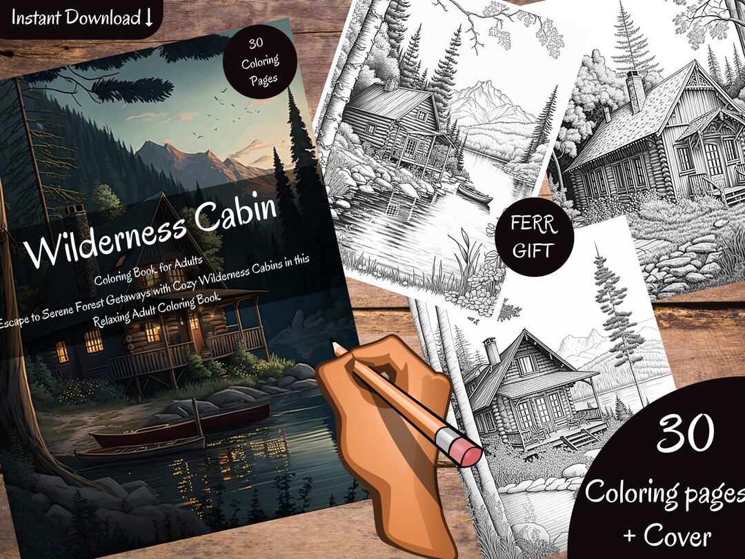 Grayscale Wilderness Cabin Coloring Book for Adult | 30 Printable Adult ...