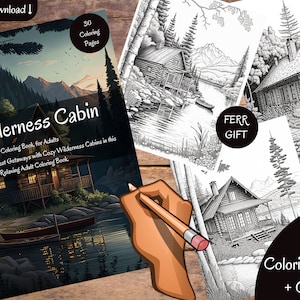 Grayscale Wilderness Cabin Coloring Book for adult | 30 Printable Adult Coloring Pages | Download Grayscale Illustration | Printable PDF |AI