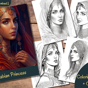 Grayscale Arabian Princess Coloring Book Set 1 | 30 Arabian Princess Coloring Pages| Relaxation and Mindfulness | High-Quality Pages | AI