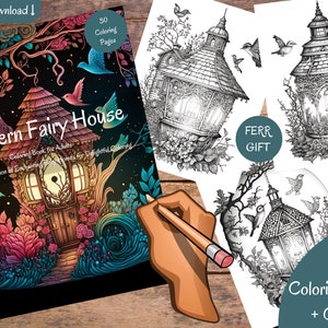 Grayscale Lantern Fairy House Coloring Book for adult | 30 Printable Adult Coloring Pages | Download Grayscale Illustration | Printable PDF