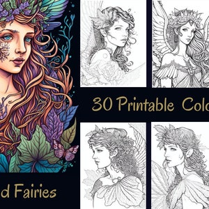 Grayscale Woodland Fairies Coloring Book Set 1 | 30 Printable Adult Coloring Pages | Download Grayscale Illustration | Printable PDF file |