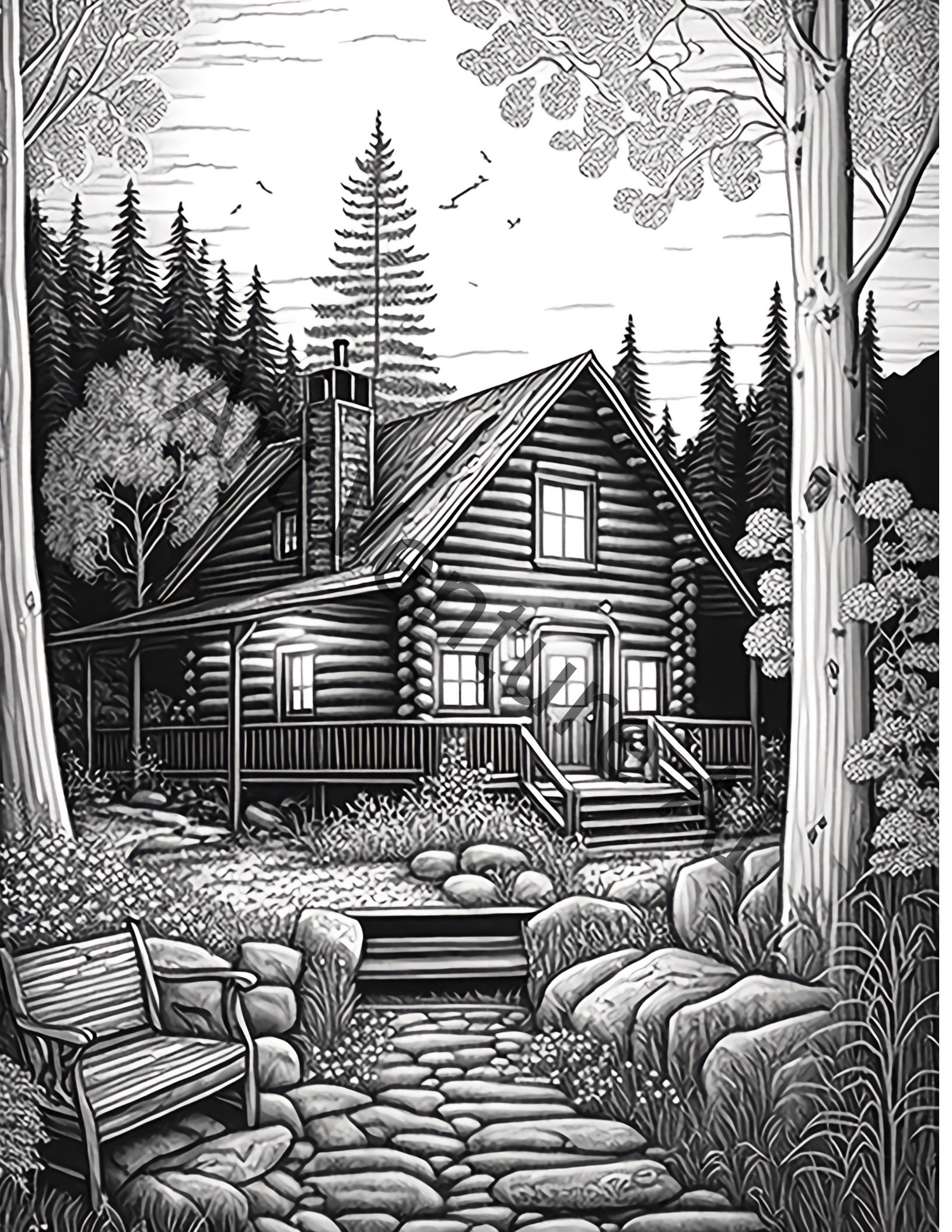 Grayscale Wilderness Cabin Coloring Book for Adult | 30 Printable Adult ...