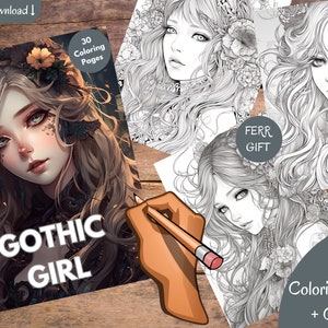 Grayscale Gothic Girl Coloring Book for Adults | 30 Printable Adult Coloring Pages | Downloadable Grayscale Illustration | Printable PDF |AI