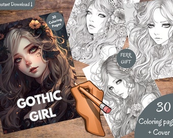 Grayscale Gothic Girl Coloring Book for Adults | 30 Printable Adult Coloring Pages | Downloadable Grayscale Illustration | Printable PDF |AI