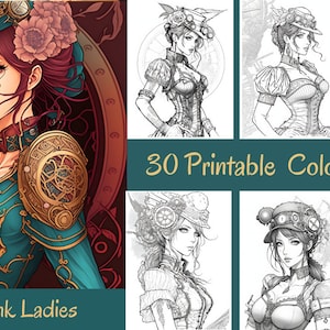Grayscale Steampunk Lady Coloring Book Set 1 | 30 Printable Adult Coloring Pages | Download Grayscale Illustration | Printable PDF file | AI