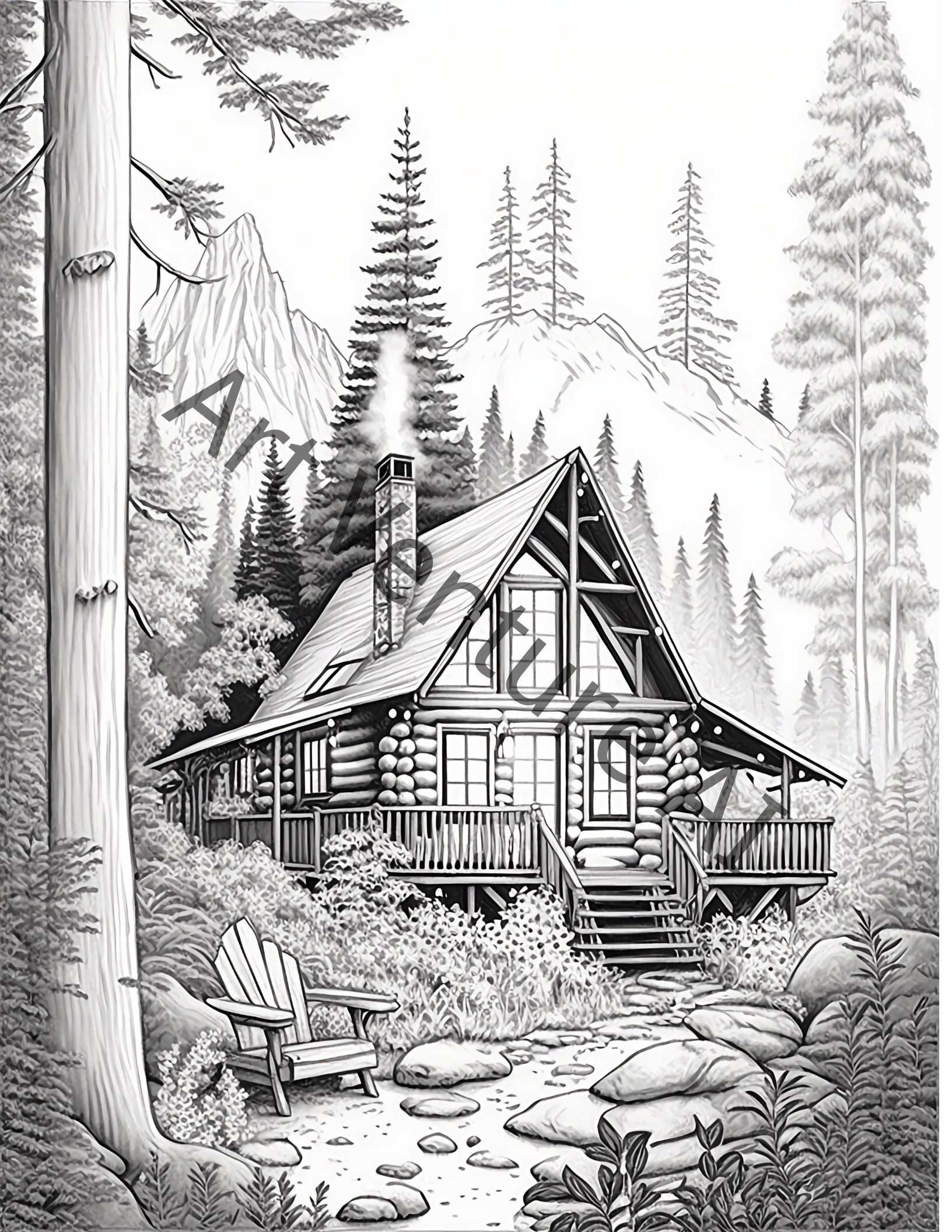 Grayscale Wilderness Cabin Coloring Book for Adult | 30 Printable Adult ...