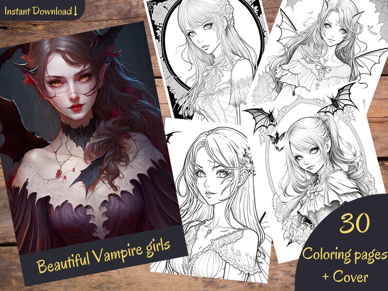 Grayscale Vampire Raphael Grayscale Vampire Girls Coloring Book Set 1 30 Printable Adult Coloring ...
