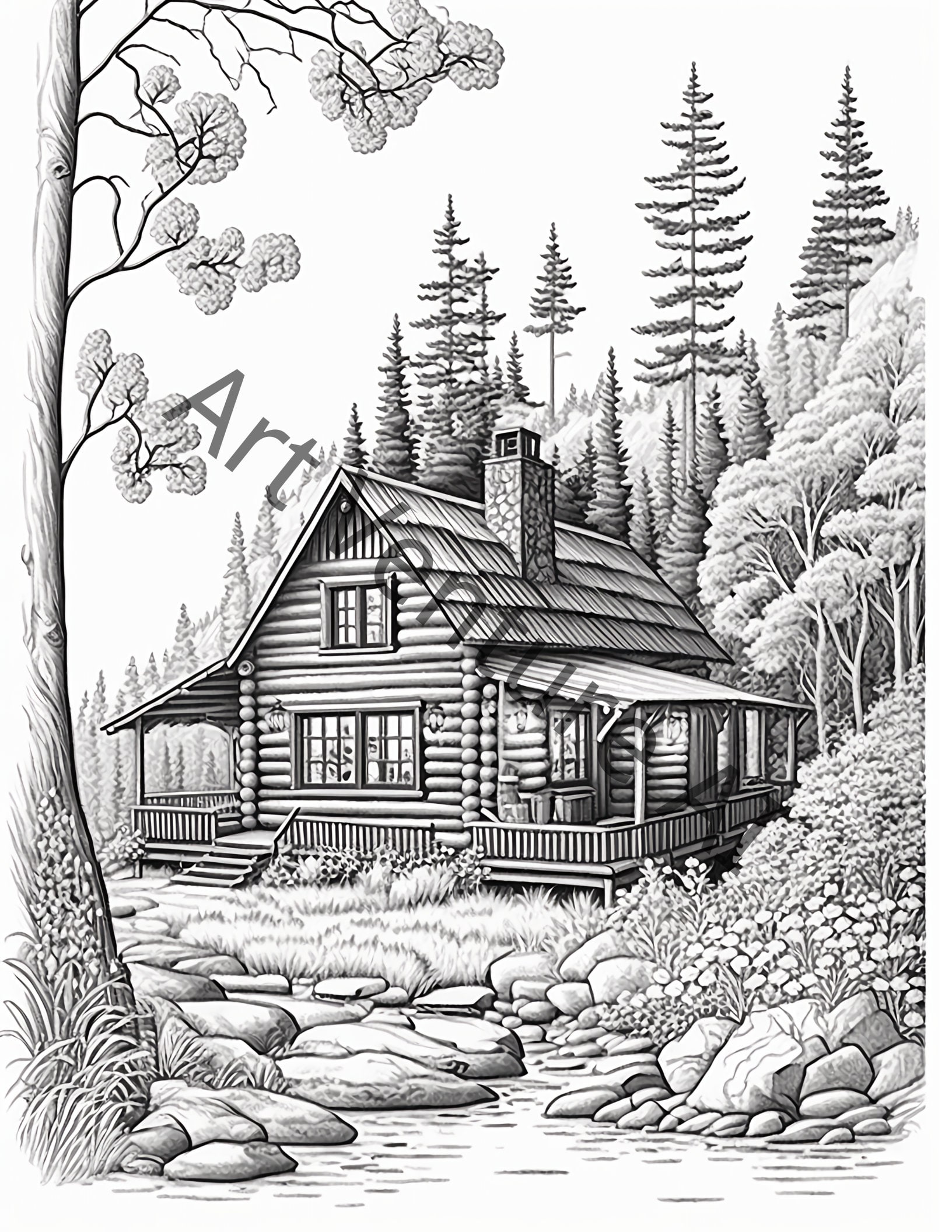 Grayscale Wilderness Cabin Coloring Book for Adult 30 Printable Adult ...