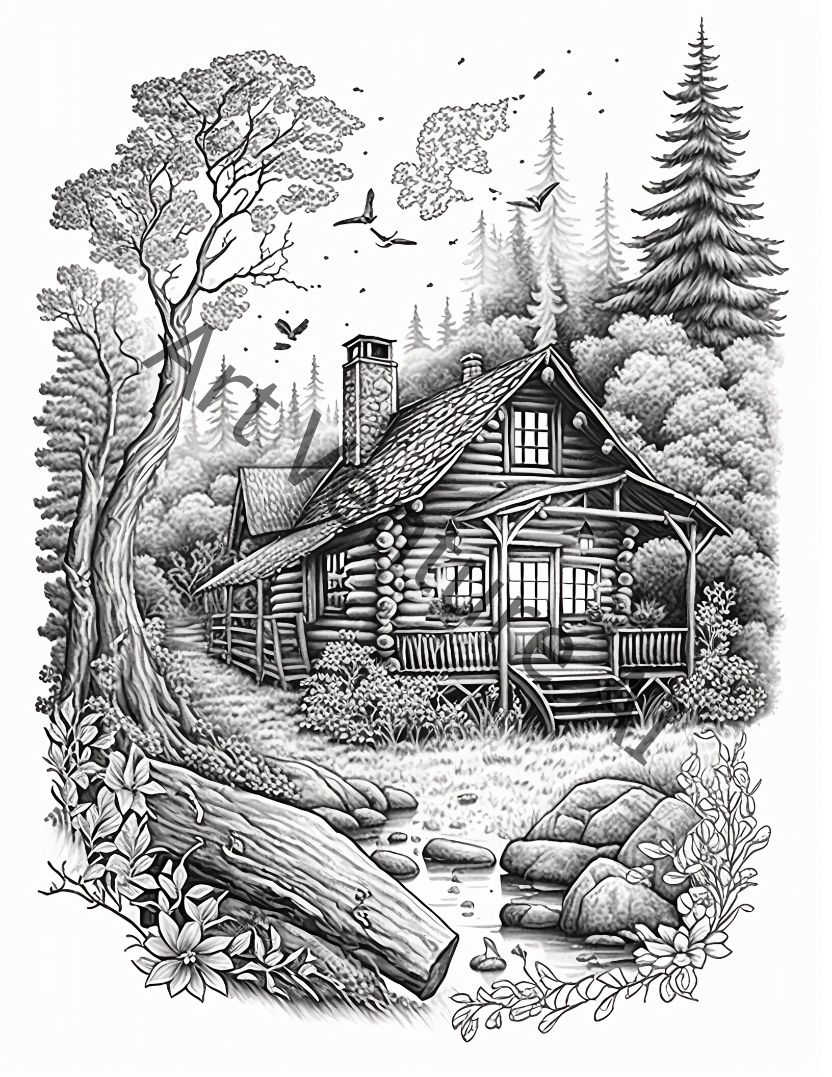 Grayscale Wilderness Cabin Coloring Book for Adult 30 Printable Adult ...