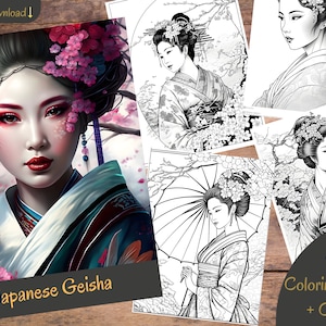 Grayscale Japanese Geisha Coloring Book Set 1 | 30 Printable Adult Coloring Pages | Download Grayscale Illustration | Printable PDF file |
