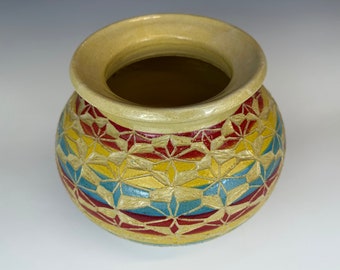 Colorful carved planter, wheel thrown pottery plant pot, blue, yellow, red, floral design, ceramic handmade planter, ornate design