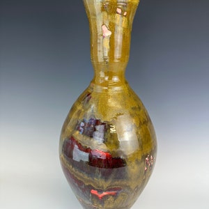 Tall red and gold vase, handmade ceramic vase, large pottery flower vase, fine art ceramics, wheel thrown, cone 10 stoneware