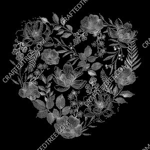 May include: A floral heart design composed of white dots on a black background. The design features various flowers and leaves, creating a detailed and intricate pattern. The overall shape is a heart, perfect for romantic or nature-themed projects.