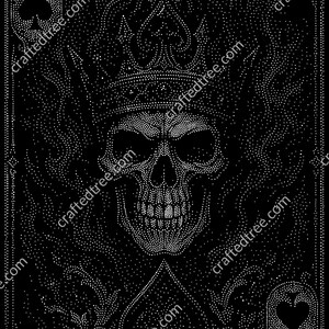 May include: A black playing card featuring a white stippled design of a skull wearing a crown. The letter A and a spade symbol appear in the top left corner, with a spade symbol and the letter A in the bottom right. The text craftedtree.com repeats.