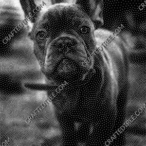 May include: Black and white stippling art of a French Bulldog's face. The image is created using small white dots on a black background, giving it a textured appearance. The dog's features are clearly defined.