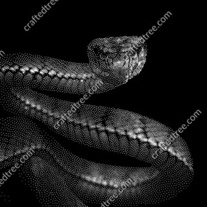 May include: A detailed black and white illustration of a snake, created with a dot pattern. The snake is coiled, with its head raised, and the design is set against a solid black background. The image has a textured, almost pixelated appearance.