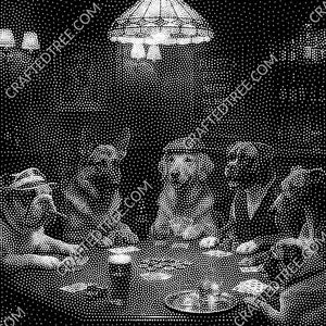 May include: Black and white stipple illustration of a group of people gathered around a table, possibly playing cards. A hanging lamp illuminates the scene. The image has a vintage, artistic feel.