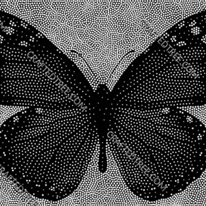 May include: A black and white dot pattern illustration of a butterfly. The butterfly's wings are spread, with a detailed pattern of dots creating the image. The background is also filled with white dots.