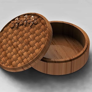 May include: A round wooden box with a woven lid. The lid has three carved flowers on it.
