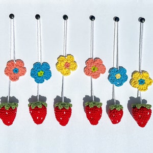 Crochet Flower and Strawberry Charm | Car Accessories | Rearview Charm For Car | Crochet Plant | Boho Aesthetic | Ethereal | Cottagecore