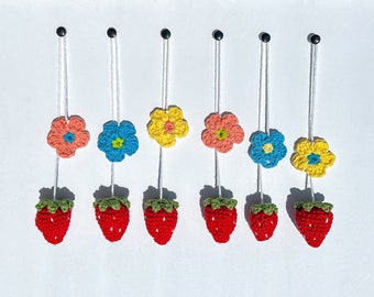 Crochet Flower and Strawberry Charm | Car Accessories | Rearview Charm For Car | Crochet Plant | Boho Aesthetic | Ethereal | Cottagecore