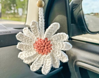 Crochet Daisy Charm | Car Accessories | Rearview Charm For Car | Crochet Plant | Boho Aesthetic | Ethereal | Cottagecore