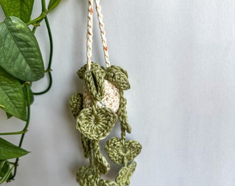 Crochet Hanging Plant Charm With White Pot | Car Accessory | String Of Hearts | Boho Aesthetic | Cottage Core | Ethereal Aesthetic