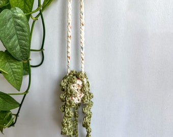 Crochet Hanging Plant Charm With White Pot | Car Accessory | String Of Pearls | Boho Aesthetic | Cottage Core | Ethereal Aesthetic