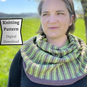 May include: A woman wearing a green and brown striped knitted cowl neck scarf. The scarf is a digital download knitting pattern.