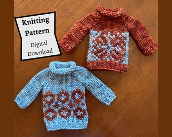 May include: Two knitted sweaters with snowflake patterns. The sweater on the left is blue with a brown snowflake pattern. The sweater on the right is brown with a blue snowflake pattern. Knitting Pattern Digital Download.