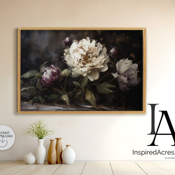 Vintage Peony Oil Painting Print Dark Floral Peony Digital Art Download Moody Botanical Wall Art Moody Peony Print Vintage Floral Art Print