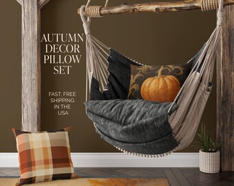 Fall Home Decor Set: Pumpkin Pillow, Plaid Pillow & Throw Blanket