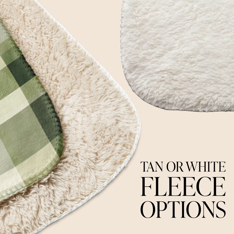 May include: Close-up of two fabric swatches. One is a tan fleece fabric and the other is a white fleece fabric. The text "TAN OR WHITE FLEECE OPTIONS" is printed below the swatches.