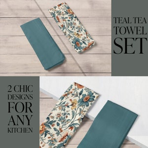 Blue Floral Tea Towel Set Teal Kitchen Decor Blue Kitchen Accent Housewarming Gift Floral Dish Towel Gift For Cook Floral Kitchen Accessory