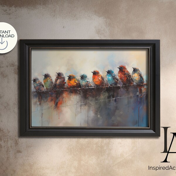 Birds on a Wire Digital Art Print Bird Oil Painting Vintage Bird Art Colorful Bird Print Rustic Bird Wall Art Bird Decor Bird Artwork