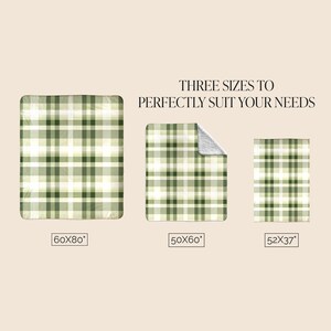 May include: Three plaid blankets in green and white, with sizes 60x80 inches, 50x60 inches, and 52x37 inches. The text "THREE SIZES TO PERFECTLY SUIT YOUR NEEDS" is above the blankets.