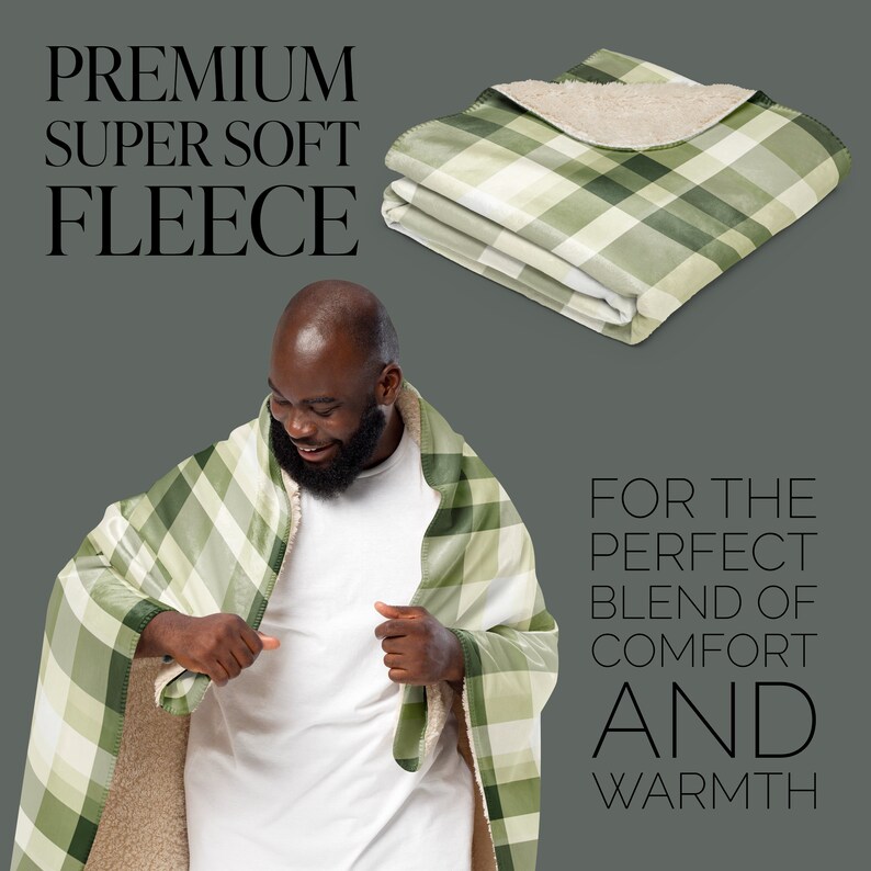 May include: A person is wrapped in a green and white plaid fleece blanket. The blanket is soft and warm, perfect for cuddling up on the couch. The text "FOR THE PERFECT BLEND OF COMFORT AND WARMTH" is written below the person.