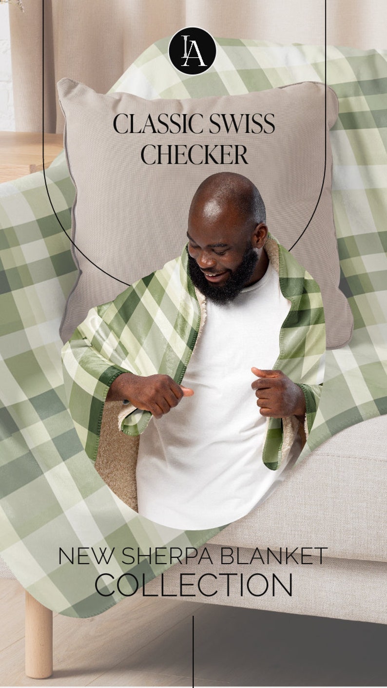 May include: A person is wrapped in a green and white plaid sherpa blanket. The blanket has the text "CLASSIC SWISS CHECKER" and "NEW SHERPA BLANKET COLLECTION" on it.