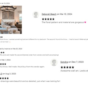 May include: Five customer reviews for a floral throw blanket. The reviews are all positive and include comments about the quality, design, and overall satisfaction with the product. The reviews are accompanied by five-star ratings.