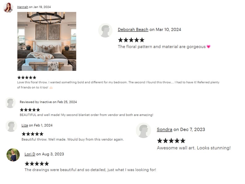 May include: Five customer reviews for a floral throw blanket. The reviews are all positive and include comments about the quality, design, and overall satisfaction with the product. The reviews are accompanied by five-star ratings.