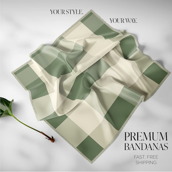 Green Plaid Bandana Scarf Green Head Scarf Womens Neckerchief Hair Scarf  Elegant Hair Accessory Silk Bandana Hair Wrap Cotton Bandana