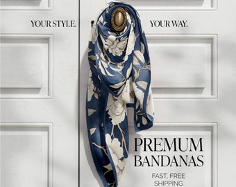 Blue Floral Bandana Vintage Silk Scarf Cotton Bandana Elegant Gift For Her Floral Silk Satin Scarf Blue Bandana Stocking Stuffer For Women