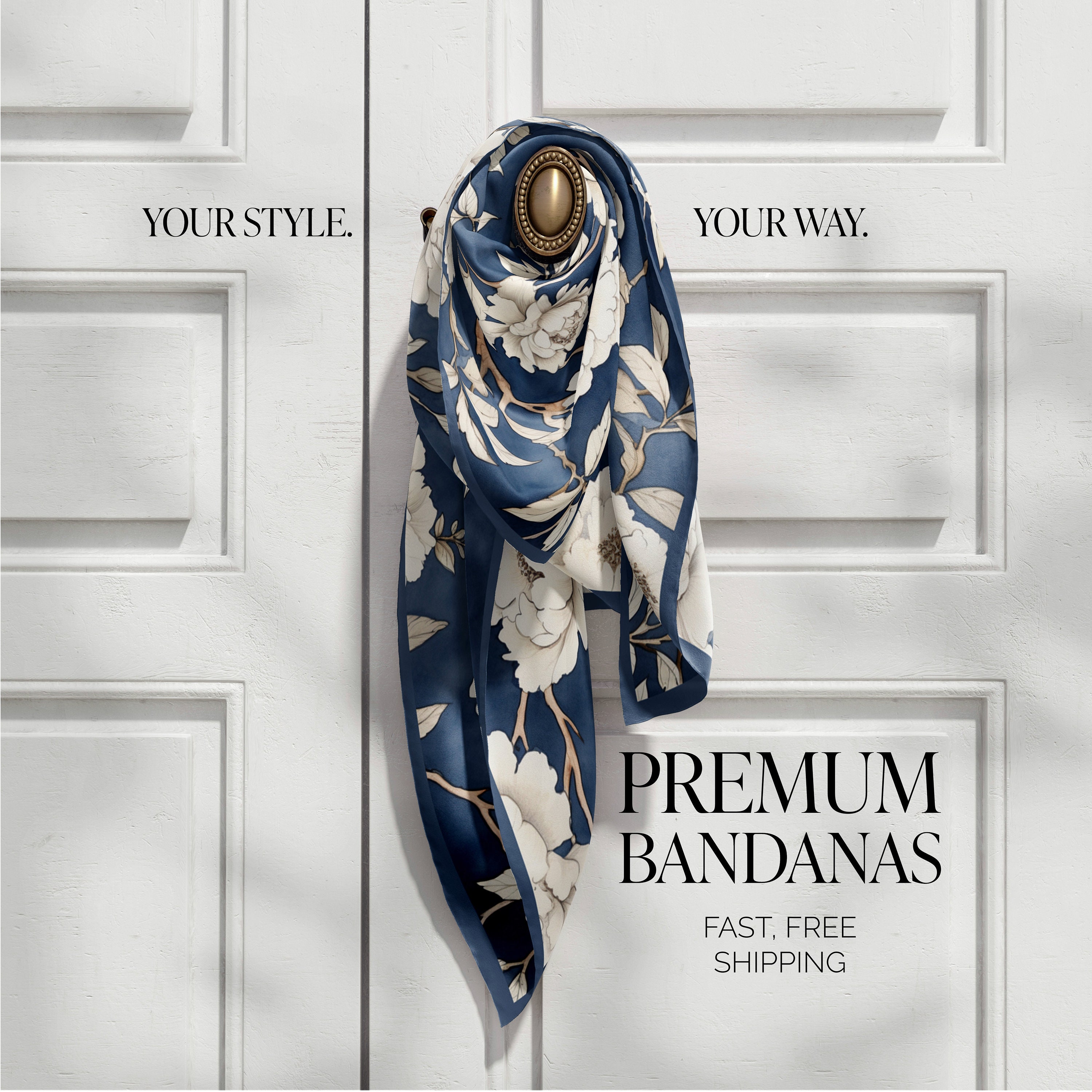 Sciarpa In Seta Naturale Raso Con Fantasia Floreale - Scialle Donna Blu Navy (G16-4)