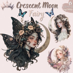 Crescent Moon Fairy Clipart Bundle - PNG Fantasy Fairy Portraits, Butterflies&Etc, Lovely Vintage Clipart-Instant Download for CommercialUse