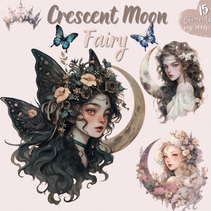 Paquete de imágenes prediseñadas de hadas de luna creciente - Retratos de hadas de fantasía PNG, mariposas y etc., preciosas imágenes prediseñadas vintage-descarga instantánea para uso comercial