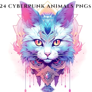 Paquete de imágenes prediseñadas digitales de animales Cyberpunk - PNG de animales de acuarela futuristas y de ciencia ficción, descarga instantánea, uso comercial