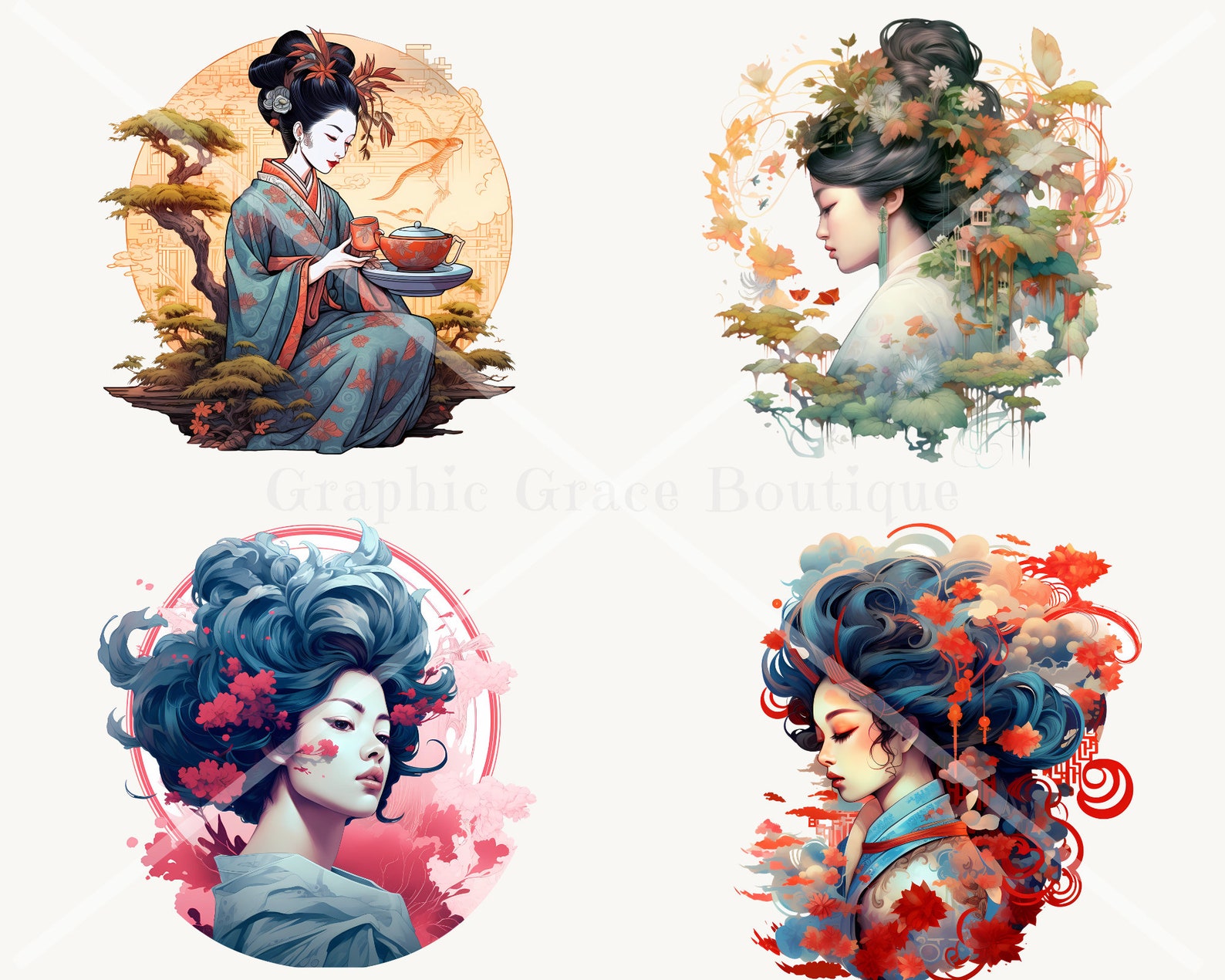 Geisha Watercolor Clipart Bundle, Japanese Inspired Woman PNG, Asian ...