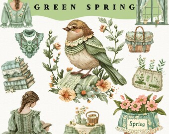 Green Spring Clipart: Whimsical Ladies, Flowers, and Books (Digital Download)