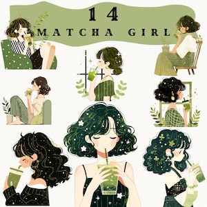 Simpatici adesivi digitali Matcha Girl, diario clipart Cozy Green Drink, png accogliente e familiare, adesivo stravagante, trasparente, scrapbooking, anime